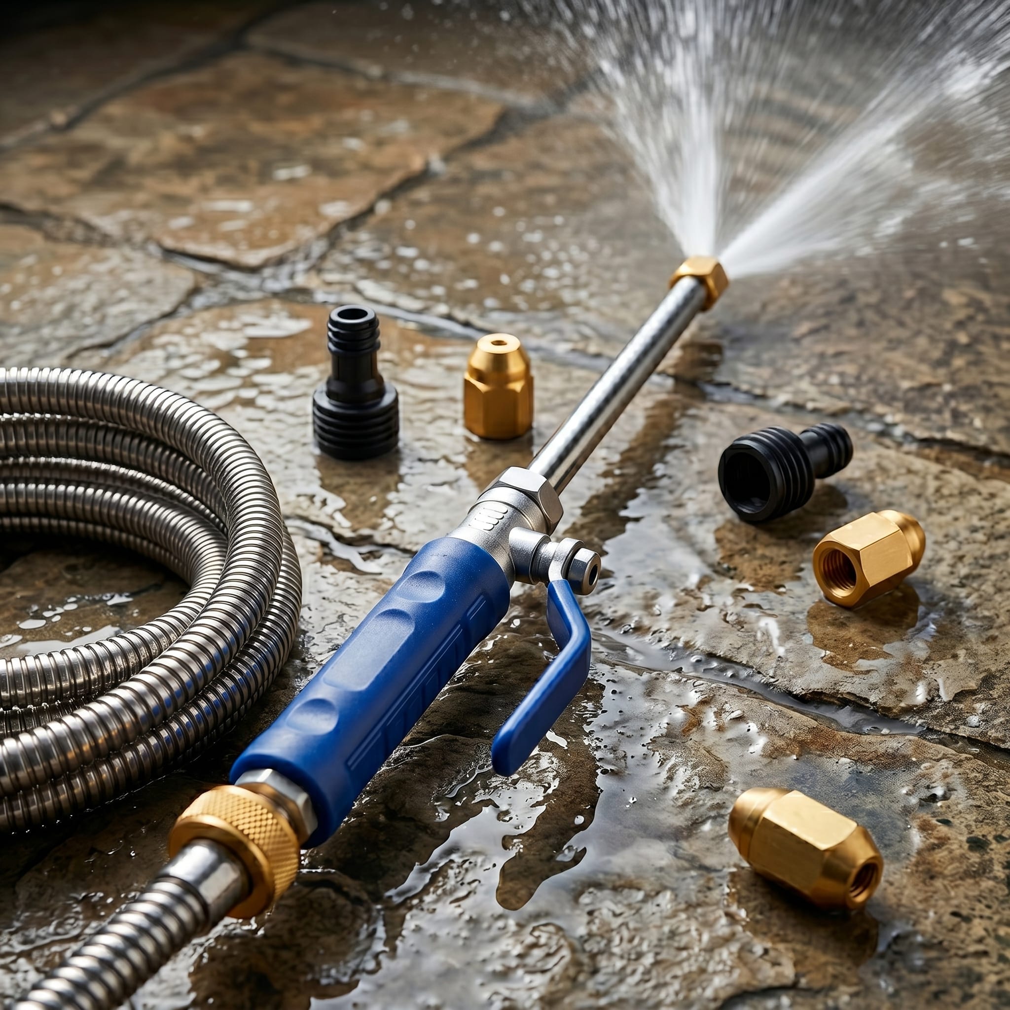 AquaBlast AB-1 cleaning a patio with the included nozzle accessories